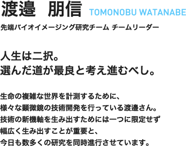 渡邉朋信　TOMONOBU WATANABE　先端バイオイメージング研究チーム　チームリーダー　人生は二択。選んだ道が最良と考え進むべし。　生命の複雑な世界を計測するために、様々な顕微鏡の技術開発を行っている渡邉さん。技術の新機軸を生み出すためには一つに限定せず幅広く生み出すことが重要と、今日も数多くの研究を同時進行させています。